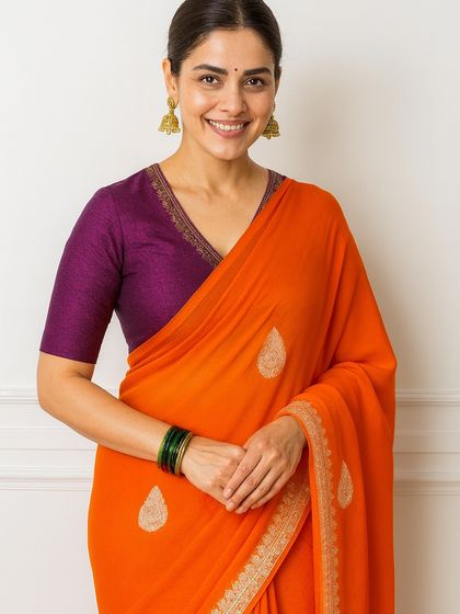 Here are the individual looks from my "One Blouse, Four Sarees" series. This single purple blouse with delicate embroidery pairs beautifully with orange, yellow, pink, and green sarees, proving how a versatile blouse is a smart investment for your wardrobe.