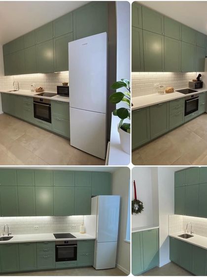 This kitchen features Duco-painted HDHMR shutters in a beautiful sage green. The design includes an inbuilt hob and oven, along with ample storage, making it a chef's delight.