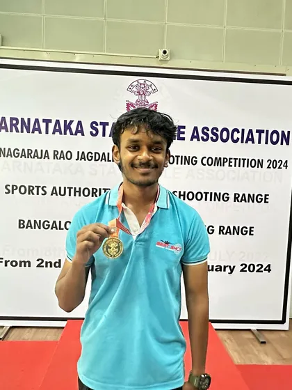 Darren, a gold medal winner in the Air Pistol Men's team event, at the 1st Nagaraja Jagdale Shooting Competition.