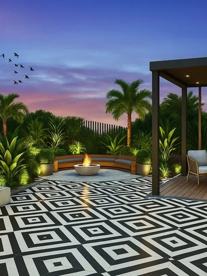 A garden's life doesn't end at sunset. This 3D concept for a Faridabad backyard shows how I use strategic landscape lighting to create a dramatic and inviting atmosphere, highlighting the fire pit, water feature, and lush palm trees for perfect evenings outdoors.