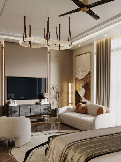 A master bedroom suite featuring dark wood, metallic accents, and unique lighting fixtures. The renders showcase a bold, masculine design and include views of both the sleeping and seating areas.