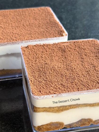 A pair of my square Tiramisu tubs, dusted with cocoa powder and ready to be enjoyed. These are perfect for sharing.