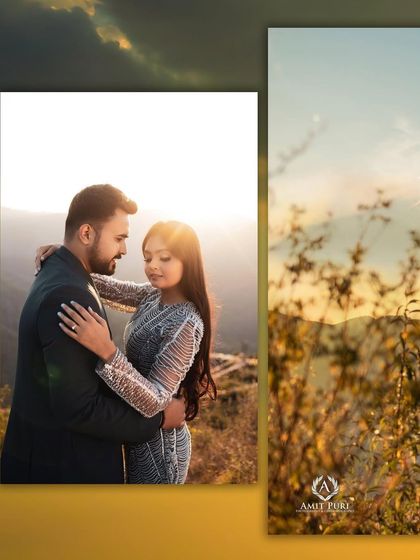 A romantic embrace as the sun sets behind the mountains. The beautiful lens flare and the couple's closeness create a warm, glowing, and deeply intimate portrait.