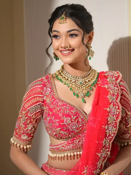 A three-quarter shot that shows how the makeup, hair, and outfit come together. The soft curls in her hair add a touch of modern romance to the traditional lehenga.