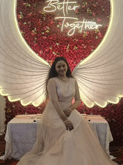 This client looks absolutely angelic in my dreamy ivory gown. The delicate silver embroidery and flowing skirt make it a popular choice for engagement ceremonies and pre-wedding photoshoots.