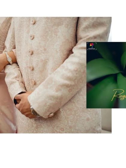 Rings and hearts. A beautiful composition showing the couple holding hands, paired with an artistic shot of their engagement rings nestled in a green leaf.