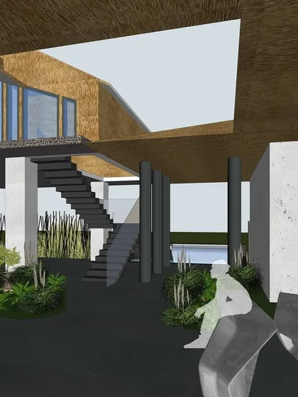 The central courtyard of the Serenity guesthouse became a visual anchor for the design. The roof was shaped to define edges, filter light, and frame the sky, creating an intimate connection between the interior spaces and the natural world.