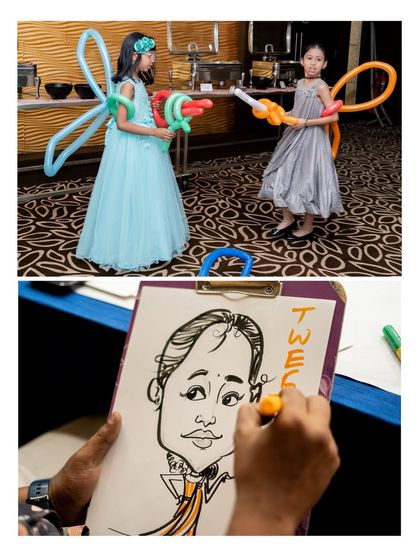 A collage showing some of the fun activities we can organize, including a balloon artist creating wearable wings and a caricature artist at work.