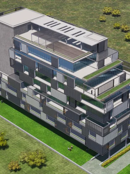 An aerial view of the TCI Express World Centre proposal, showing the tiered terraces with green spaces. This design mimics the decks of a luxury liner while providing outdoor access and improving the building's microclimate.