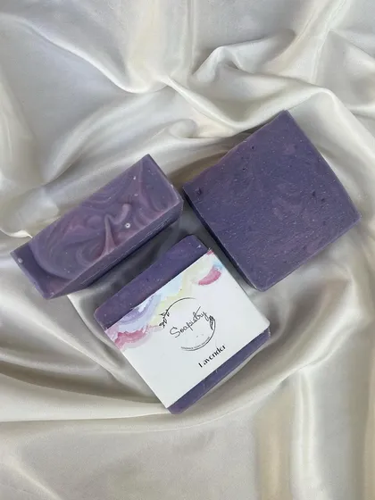 A closer look at my Lavender cold-process soap. The gentle swirls of purple come from natural colorants, and it's made with rich butters to nourish your skin.