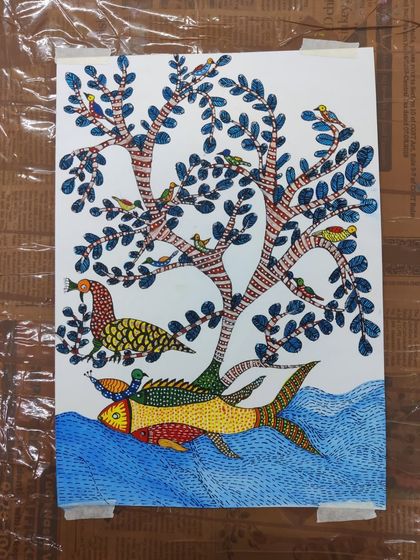 A collection of images from our Gond painting workshop, showing students engaged in the process and their beautiful finished pieces.
