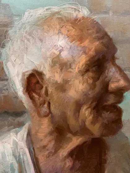 Another angle of the "Grandfather" pastel portrait, showing the profile and the texture of the work.