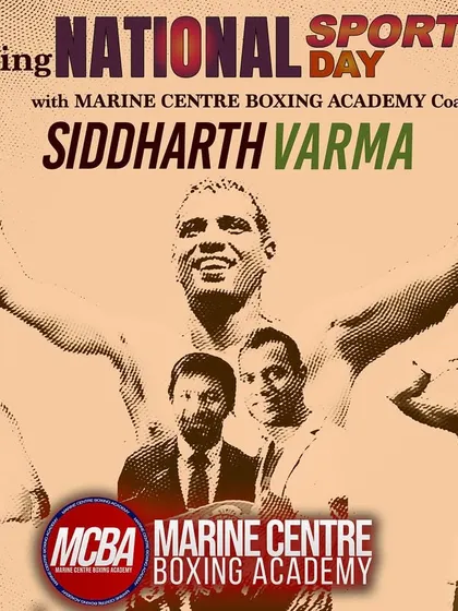 A poster celebrating National Sports Day with a collage of my boxing journey. I am dedicated to producing the next generation of champions for Navi Mumbai.
