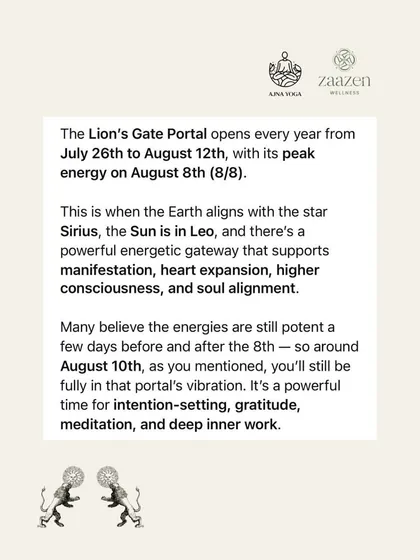 An informational graphic explaining the significance of the Lion's Gate Portal. This helps participants understand the cosmic energies we are working with for manifestation and heart expansion.