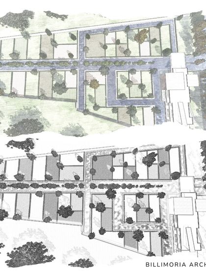 A site plan and massing study for one of our projects. This shows the initial conceptual phase where we map out the relationship between the buildings, green spaces, and pathways.