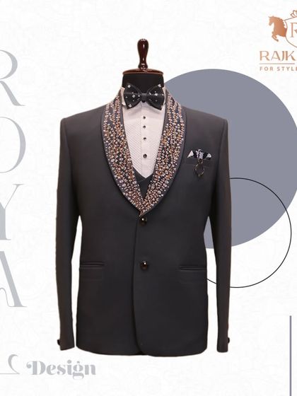 This graphic highlights a royal black tuxedo with a heavily embellished shawl collar. It represents my commitment to creating designs that are both regal and stylish for your most important occasions.