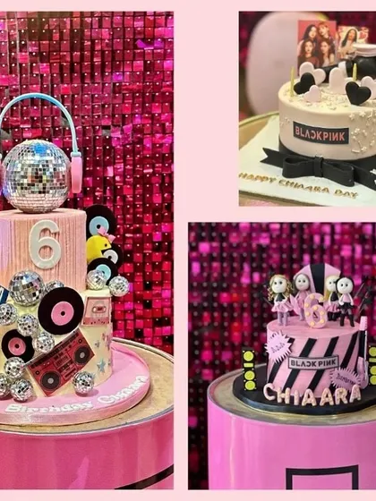 Close-ups of the incredible, detailed Blackpink-themed birthday cakes, featuring elements like disco balls, headphones, and band logos.