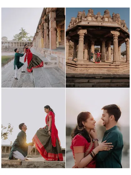 A collage showcasing four distinct moments from a heritage shoot, from playful interactions on temple steps to intimate gazes.