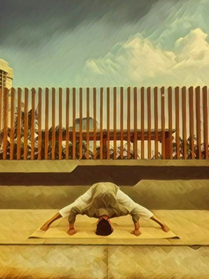 In Prasarita Padottanasana, a wide-stance forward bend, the aim is to turn inward. Yoga is a subjective science, a technology to explore the inner dimensions beyond the physical body and the thinking mind.