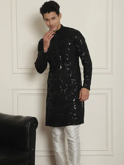Another look at the black sequined kurta, a comfortable and glamorous choice from my collection of stylish kurta-pajama combinations.