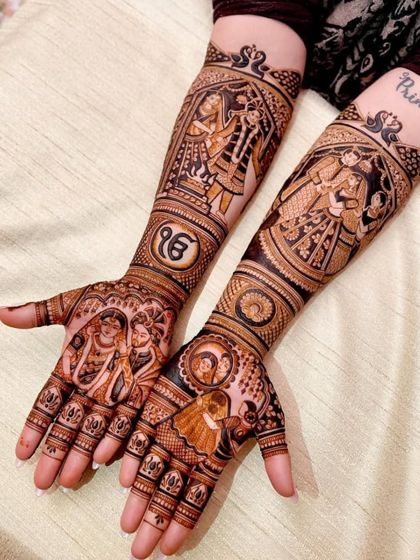 A personalized Sikh bridal design, featuring portraits of the couple, the 'Ek Onkar' symbol, and scenes from a traditional Anand Karaj ceremony.