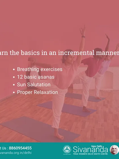 We teach the basics in a clear, step-by-step manner. This includes proper breathing, the 12 basic asanas, Sun Salutation, and the art of relaxation.