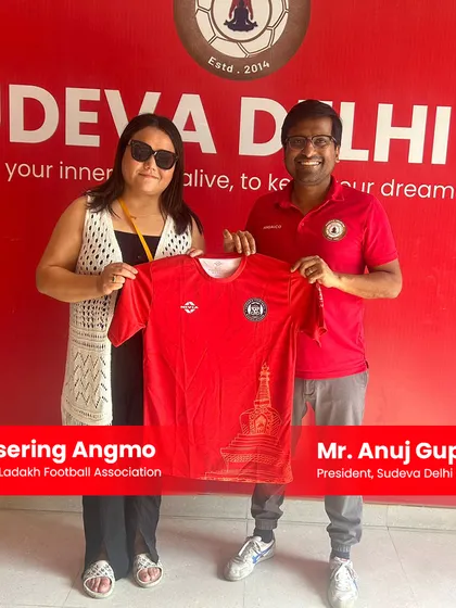 Our President, Anuj Gupta, with Ms. Tsering Angmo, Secretary of the Ladakh Football Association. This partnership was key to our participation and training for the Climate Cup 2025.