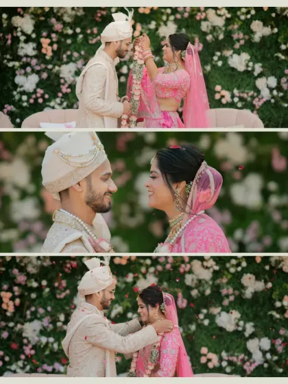 A three-panel collage telling the story of the Varmala, from the exchange to the loving glance that follows.