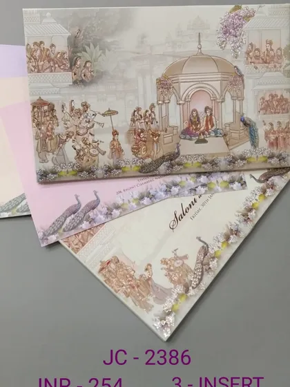This panoramic invitation illustrates a complete wedding scene, from the pheras to the celebratory procession. The card comes with three inserts and is rich in traditional details and color.