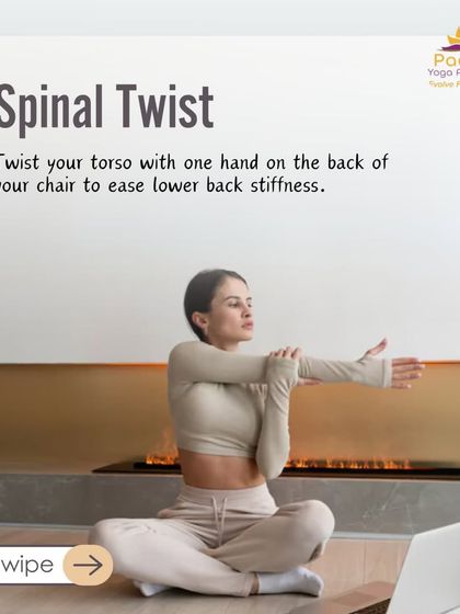 A seated spinal twist using your chair is an effective way to ease lower back stiffness from sitting for long hours.