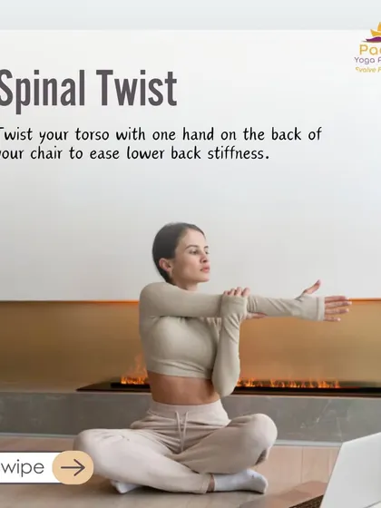 A seated spinal twist using your chair can ease lower back stiffness. This gentle twist helps to mobilize the spine and relieve the compression that comes from sitting.