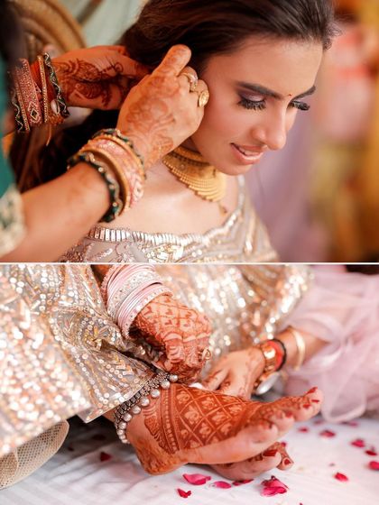 A collage focusing on the bride's preparation and details. It shows her getting ready and highlights the intricate henna on her feet, capturing the traditional elements of her engagement look.