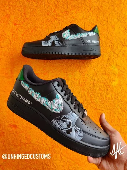 "Say my name." The completed Breaking Bad custom Air Force 1, featuring portraits of Walter White and Jesse Pinkman.