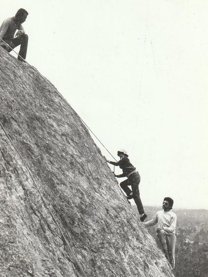 A group of climbers from the 1980s, showcasing the timeless joy of being on the rock.