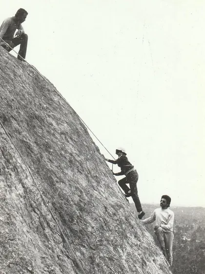 A group of climbers from the 1980s, showcasing the timeless joy of being on the rock.