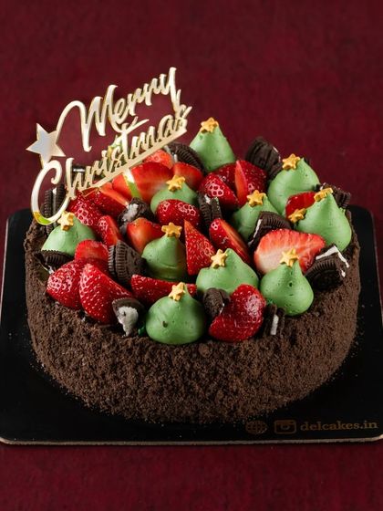 Our Berry Merry Christmas cake is loaded with fresh strawberries and festive decorations. It's a bright and cheerful addition to any holiday party.
