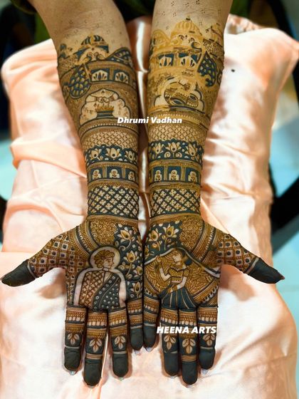 This bridal mehendi tells a beautiful story with portraits of the bride and groom on each palm. It’s like turning your hands into a canvas of your love.