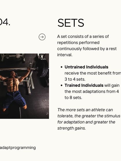 The fourth variable is Sets. A set is a series of repetitions followed by a rest interval. Untrained individuals benefit most from 3-4 sets, while trained athletes may need up to 8 sets for optimal adaptation.
