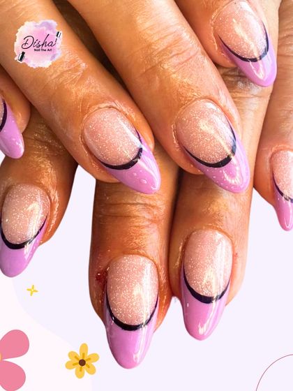 Bloom with every gesture. This lavender French-tip twist with a black accent line and a shimmery base is a perfect mix of elegance and fun.