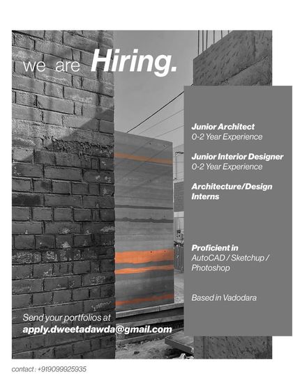 A job ad from Dweeta Dawda in Vadodara for a Junior Architect with 0-2 years of experience, requiring proficiency in AutoCAD, Sketchup, and Photoshop.