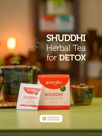 I offer a range of herbal teas, including this Shuddhi blend for detoxification. It contains herbs like Nisha, Sariva, and Madhuyashti to purify from within and promote clear, radiant skin.