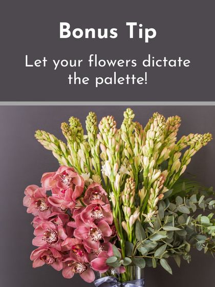A great bonus tip for any designer is to let your flowers dictate the palette. The natural pairing of pink cymbidium orchids and white tuberoses creates an effortlessly elegant and fragrant combination.