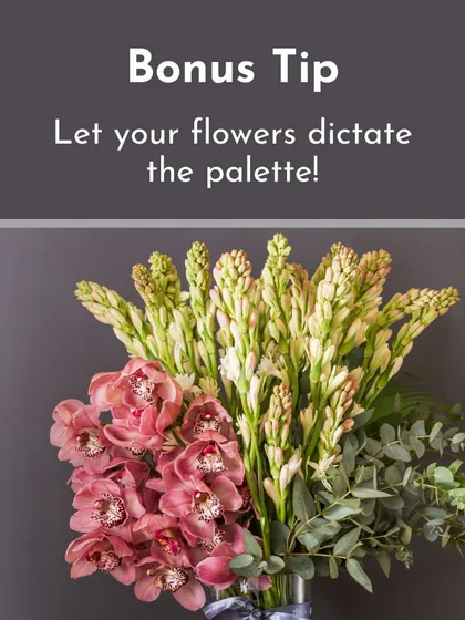 A great bonus tip for any designer is to let your flowers dictate the palette. The natural pairing of pink cymbidium orchids and white tuberoses creates an effortlessly elegant and fragrant combination.