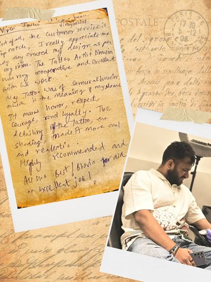 Viren's handwritten note praising the top-notch customer service and the excellent work of his artist, Bhavin.