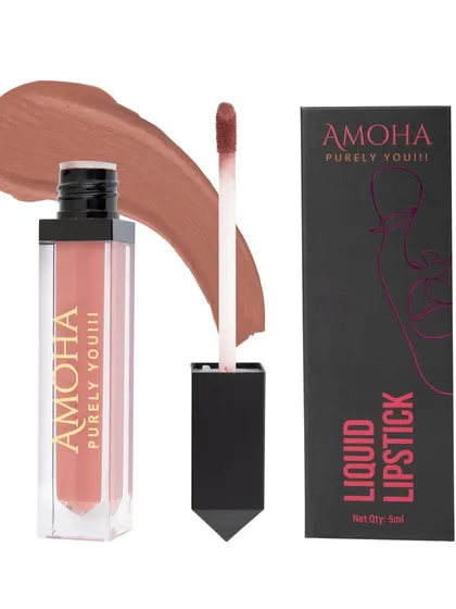 A nude 'Amoha' lipstick with its box and a color swatch.