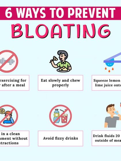 Feeling bloated? This infographic gives you six ways to prevent it, such as eating slowly, avoiding fizzy drinks, and squeezing lemon juice onto your meals.