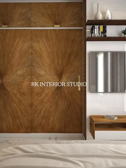 A 3D render of a bedroom TV unit and wardrobe. I designed this with a beautiful starburst veneer pattern on the wardrobe doors, making it a stunning focal point.