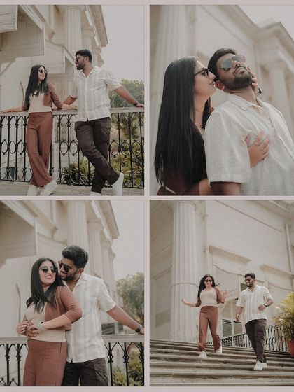 A four-photo collage highlighting different poses and interactions from a stylish, urban photoshoot.