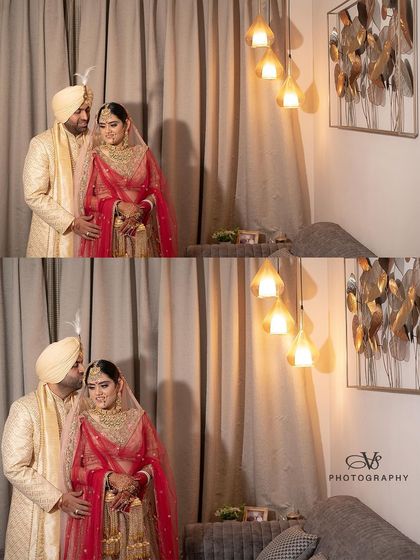 A collage showing two romantic poses of a Punjabi couple in their wedding attire, capturing both a formal portrait and a tender kiss on the forehead.