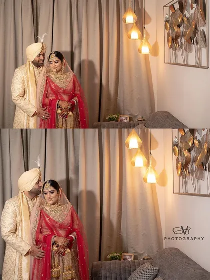 A collage showing two romantic poses of a Punjabi couple in their wedding attire, capturing both a formal portrait and a tender kiss on the forehead.